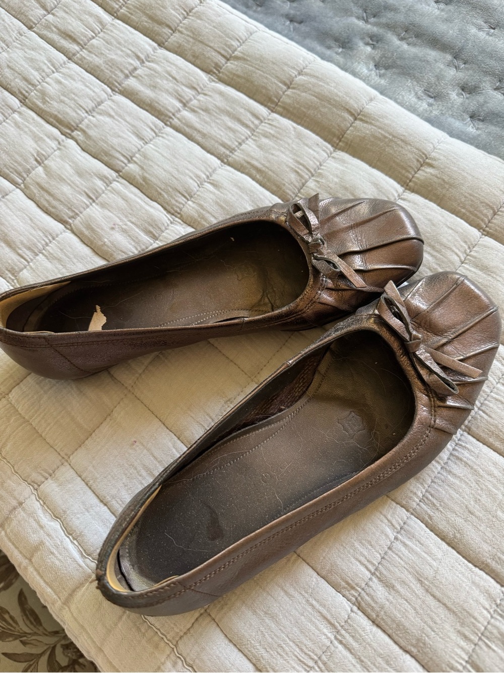 Gabor Brown Leather Ballet Flats with Bow Accent